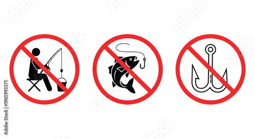 No fishing signs with prohibited symbols for no fishing, no fish, and no anchor on white background.