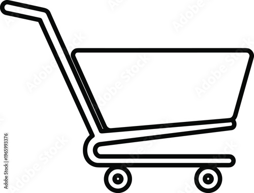 Vector illustration of shopping cart silhouette with wheels and basket, symbolizing retail, online shopping, e-commerce, consumer goods, supermarket, purchase, commerce, and minimalist design 