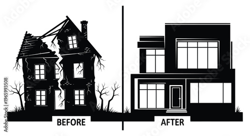 A stark comparison of a dilapidated house and a modern structure visually separated with text in silhouette high quality professional detailed