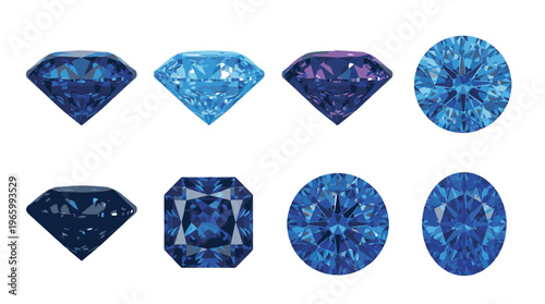 Set of Blue Sapphire and Diamond Gemstone Cuts Vector Illustration