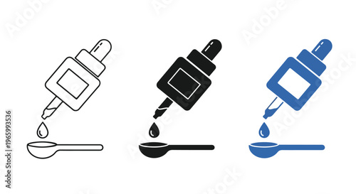 Three different styles of dropper bottle icon with liquid drop falling into a spoon, representing medicine or science