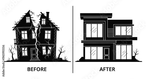 A stark comparison of a dilapidated and renovated house visually representing transformation and repair silhouette high quality professional detailed modern