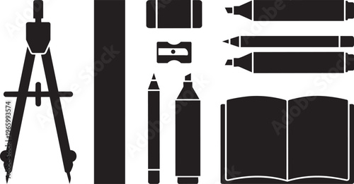 Black vector illustration set featuring a professional design of a building drawing with a compass and drafting instruments as a pixel perfect technology symbol icon