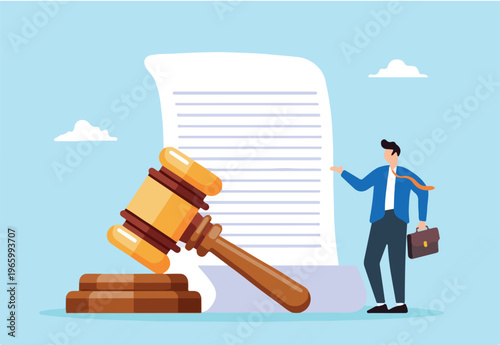 Flat illustration of mature lawyer hold legal document and gavel symbolizing judgment and court professionalism