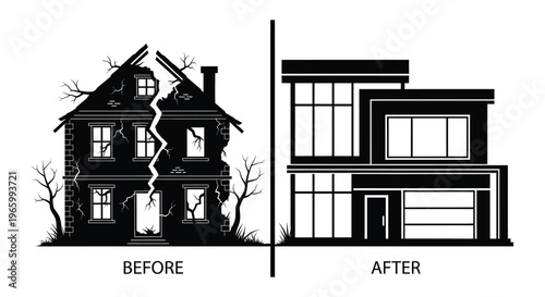 A stark contrast depicts a dilapidated house alongside a modern building showcasing renovation and change silhouette high quality professional detailed elegant