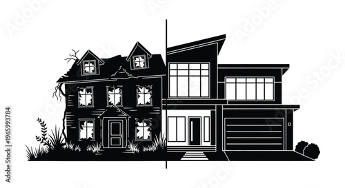 A striking contrast between a dilapidated old house and a modern structure depicted in black silhouette high quality professional detailed elegant