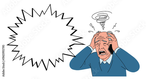 Stressed senior man shouting while talking on a smartphone with a large empty jagged speech bubble for urgent text or warning messages.