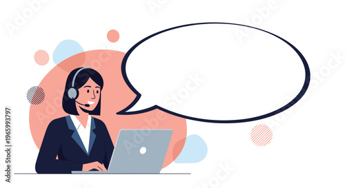 Female customer support representative working on laptop with headset and empty speech bubble for customized text and communication.