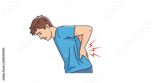 Man experiencing sudden sharp back pain or muscle spasm while standing against a white background for medical or healthcare concept.