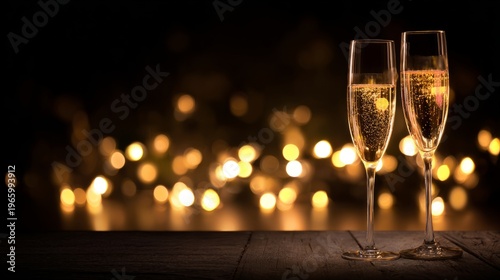 champagne. Two champagne glasses with golden bubbles, capturing a festive and elegant celebration moment. bar promotions, beverage menus, designed for product packaging and bar promotions.
