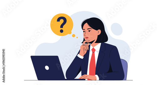 Thoughtful businesswoman in suit working on laptop with a question mark in thought bubble for problem solving or brainstorming session.