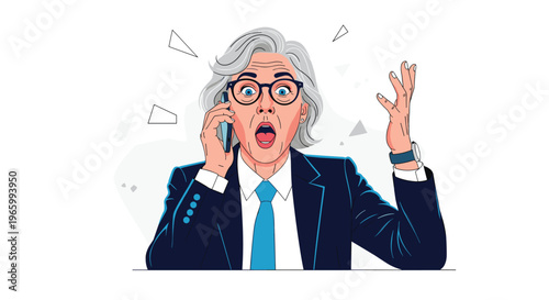 Shocked senior businesswoman shouting on smartphone with a surprised expression and hands raised in the air after hearing bad news.