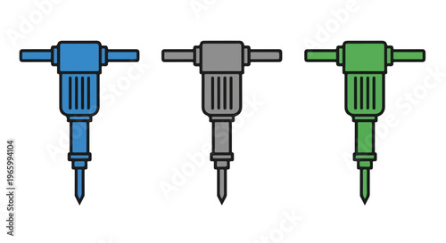 Three colorful electric drills with different colored handles on a white background, arranged horizontally.