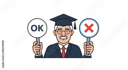 Elderly professor in academic cap holding both ok and cross mark signs for evaluation or right and wrong choices in educational context.