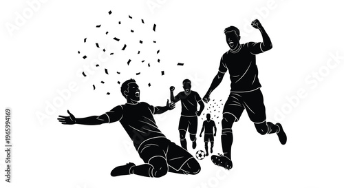 A jubilant soccer team celebrates victory with confetti falling captured in a striking black silhouette high quality professional detailed modern elegant