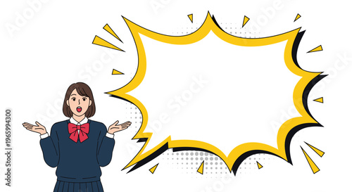 Surprised schoolgirl in uniform with open mouth and raised hands next to a large empty speech bubble for important school announcements.