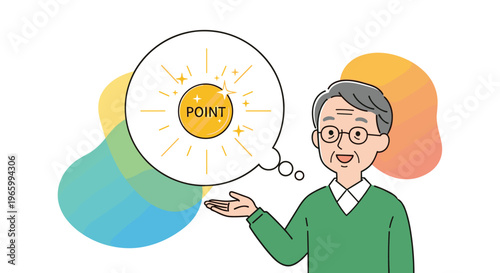 Senior man in green sweater gesturing towards a point or reward coin icon for bonus or loyalty program promotion and financial advice.