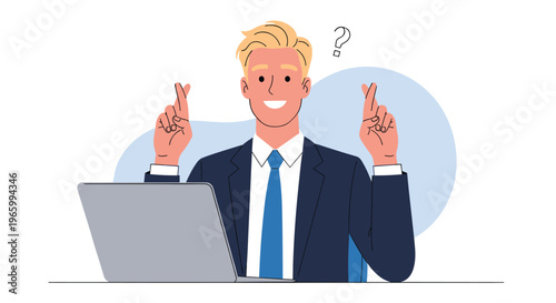 Businessman in suit sitting at laptop with fingers crossed for luck and a question mark for uncertainty during a job search or project.