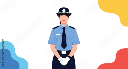 Female police officer in light blue uniform standing with a professional and calm expression against a colorful abstract background.