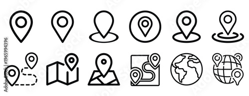 Set of location pin icons and map navigation symbols in outline style, GPS markers collection, geolocation points, travel navigation elements, map pins vector illustration isolated on white background