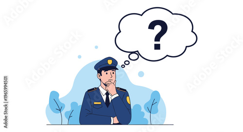 Police officer in blue uniform looking thoughtful with a question mark in a thought bubble for problem solving and investigation tasks.