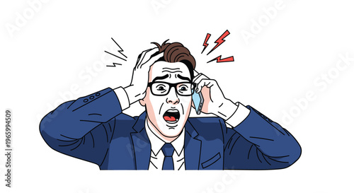 Stressed businessman in suit looks shocked while talking on a mobile phone with lightning and stress symbols around him.