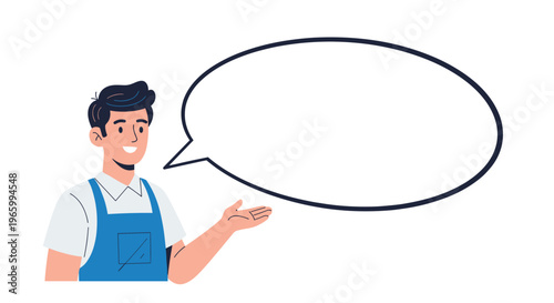 Smiling man wearing a blue apron gestures toward a large blank speech bubble for custom text on a white background.