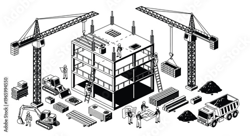 Isometric illustration depicts a construction site with cranes workers and building materials black silhouette high quality professional detailed modern elegant stylish