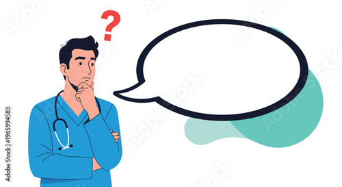 Professional male doctor in blue scrubs looks thoughtful with a question mark and a large blank speech bubble above him.