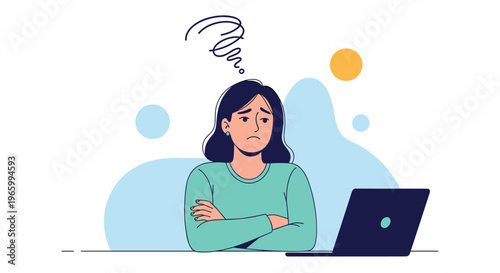 Worried woman looks at her laptop computer with a confused scribble symbol above her head in a stylized office setting.
