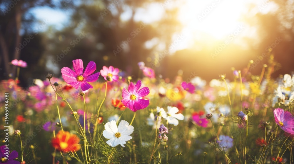 Fototapeta premium stem. A vibrant cosmos flower in close-up with a softly blurred field behind it. gardening catalogs, home-decor guides, designed for gardening and botanical catalogs, celebrates nature. 