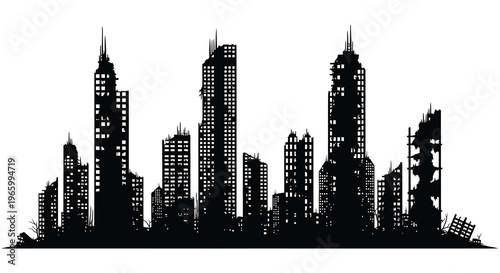 A striking black cityscape is depicted with numerous tall buildings and a dramatic skyline silhouette high quality professional detailed modern elegant