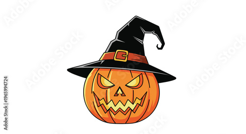 Spooky orange jack-o-lantern pumpkin with a menacing expression wearing a tall black witch hat for Halloween decor.