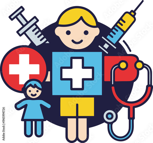 A cartoon doctor standing with a nurse, medical symbols around them