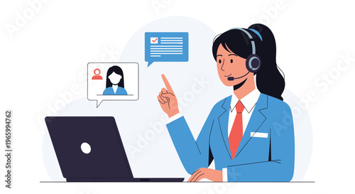 Professional female customer service agent wearing a headset works at her laptop with online support icons on display.