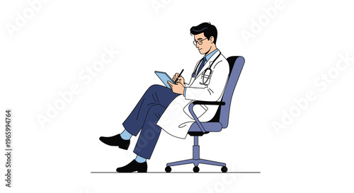 Professional male doctor in a white coat sits on an office chair and carefully takes notes on a medical clipboard.