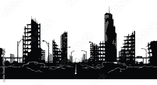 A stark black silhouette depicts a desolate cityscape with ruined buildings and abandoned vehicles evoking a post apocalyptic scene silhouette high quality
