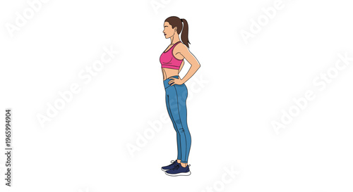Fit young woman in a pink sports bra and blue leggings stands in profile while preparing for a workout or exercise.