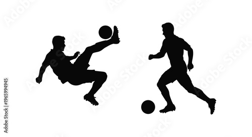 Two athletes engaged in a dynamic soccer match one performing a bicycle kick depicted as a silhouette high quality professional detailed