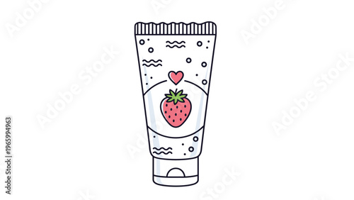 Cute strawberry-themed tube of cream with a heart icon, symbolizing skincare, cosmetics, or a sweet-scented beauty product.