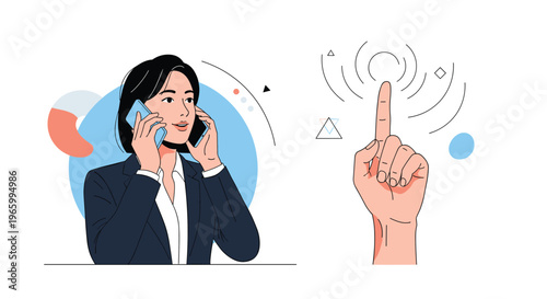 Multitasking businesswoman talks on two mobile phones simultaneously while a large hand points to a digital signal.
