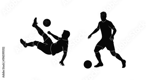 Two soccer players depicted in dynamic action one mid air with a kick presented as a striking silhouette high quality professional detailed