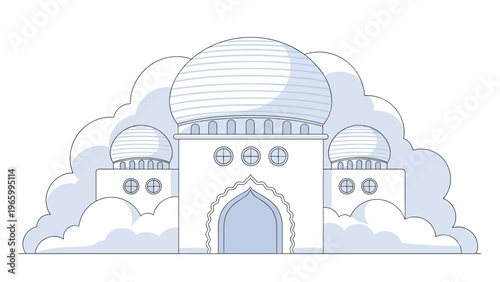 Ethereal illustration of a grand mosque with multiple domes and minarets, enveloped by soft clouds, evoking a serene and spiritual atmosphere.