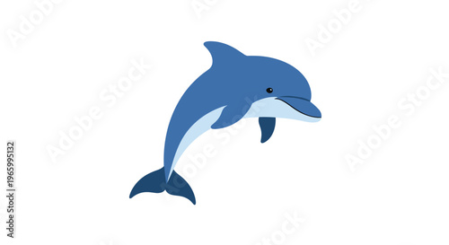 Graceful blue dolphin jumping out of the water against a clean white background in a simple vector illustration.