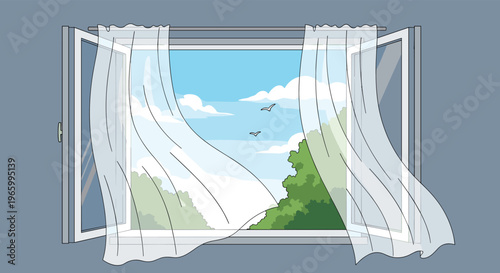 Open window with white sheer curtains blowing in a gentle breeze overlooking green trees and a blue cloudy sky.