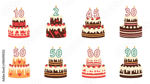 Diverse collection of multi-tiered birthday cakes, each uniquely decorated with a variety of patterns and number candles for different ages and celebrations.