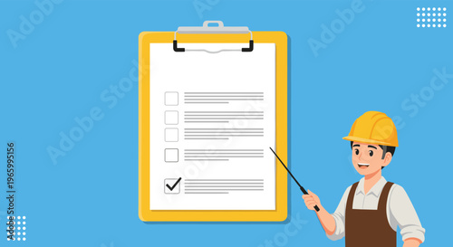 Male construction worker in a hard hat points to a large checklist on a clipboard with a stick or pointer.