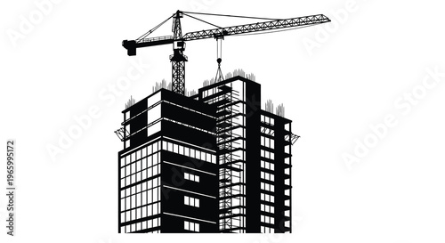 A stark black and white image depicts a building under construction with a prominent crane rendered as a silhouette high quality
