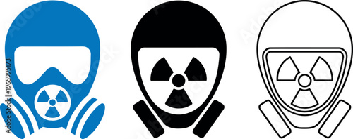 Three stylized gas masks with radiation symbols for safety awareness