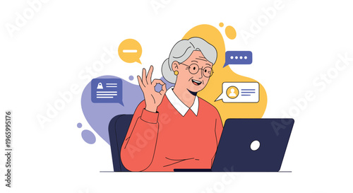 Happy senior woman sitting at her laptop makes an OK hand gesture with social media and profile icons around her.